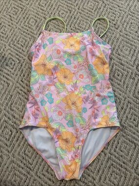 Justice Pink Floral One-Piece Swimsuit with Yellow Flowers